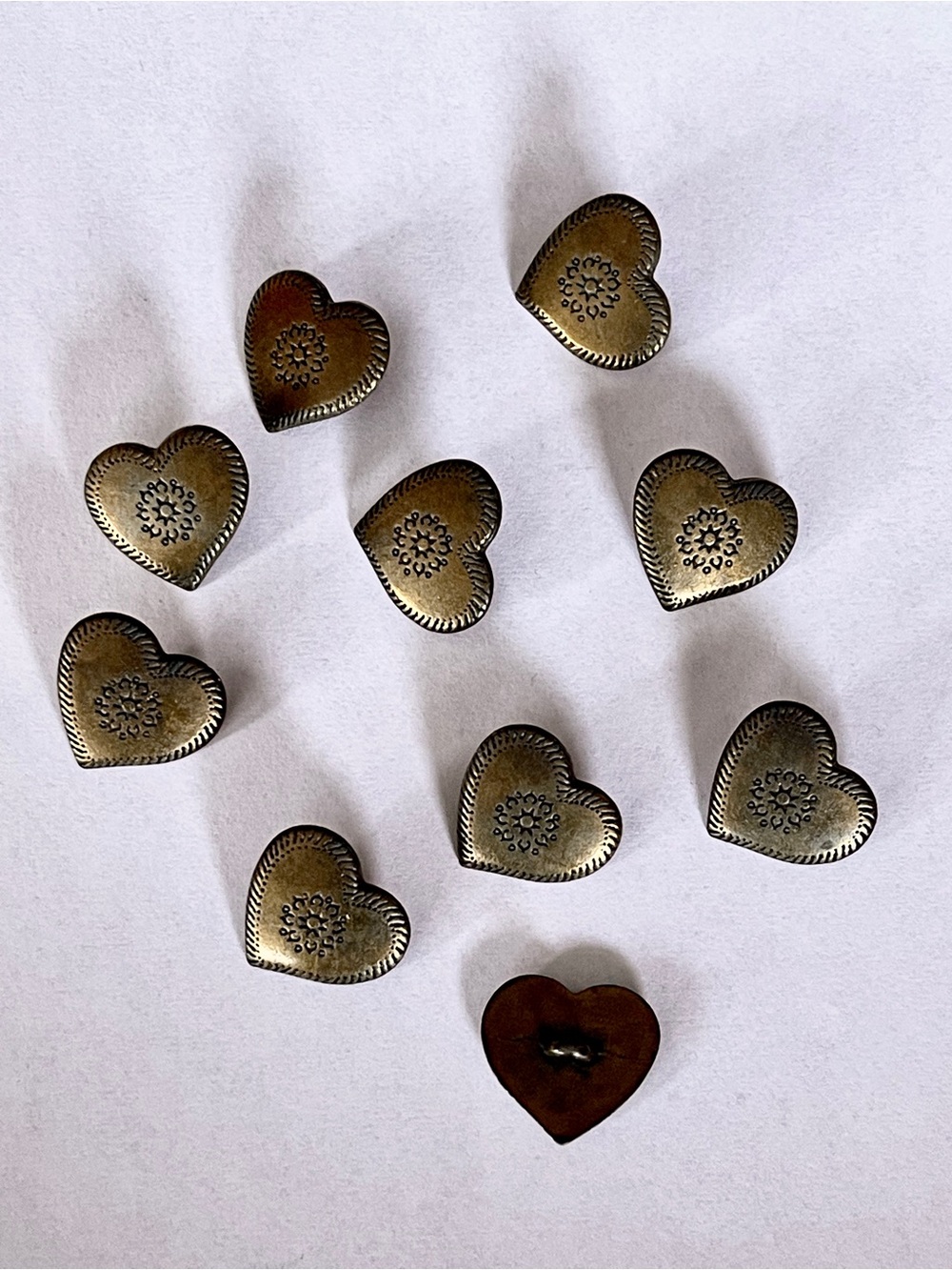 Vintage 80s Metal Heart Sew Though Antique Brass Floral Button Stamped NOS of 11